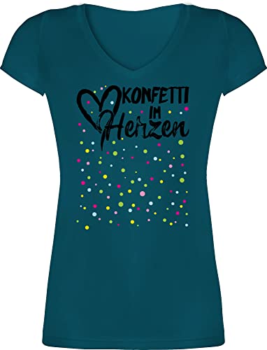 T-Shirt Damen V Ausschnitt - & Fasching - Konfetti im Herzen - Köln Karneval Confetti Konfetti für Alle - 3XL - Türkis - Karnevals t Shirt karnaval Oberteil faschingsoberteile Fashing von Shirtracer