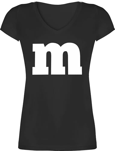 T-Shirt Damen V Ausschnitt - & Fasching - M Aufdruck Karneval I M&M Schokolinse I MM Fastnacht I Fasnacht I Fasnet - S - Schwarz - Gruppen Tshirts faschingsshirt Faschings m& Shirts karnevalsshirts von Shirtracer
