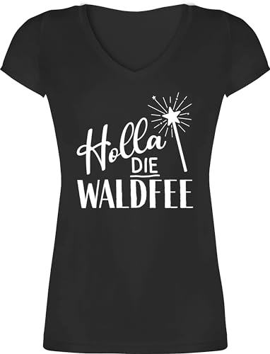 T-Shirt Damen V Ausschnitt - Karneval & Fasching - Holla die Waldfee | Waldfee Kostüm - XS - Schwarz - feen Oberteil faschingsshirt Faschings fee Tshirt Holla waldfee karnevalsshirts Karnevals von Shirtracer