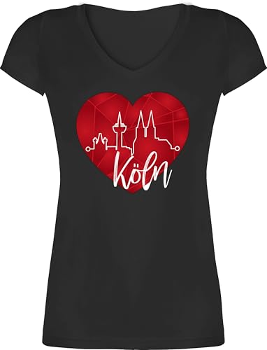 T-Shirt Damen V Ausschnitt - Karneval & Fasching - Köln Herzschlag I Köln Skyline Herz - XS - Schwarz - t Shirt faschingsshirt Faschings kölner Tshirt karnevalsshirts Karnevals kölsche Tshirts von Shirtracer