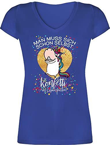 T-Shirt Damen V Ausschnitt - Karneval & Fasching - Man muss Sich Schon selbst Konfetti ins Leben pusten - Einhorn Spruch Lustig Witzig - XXL - Blau - fasnet Shirts für Frauen karnevalsshirts von Shirtracer