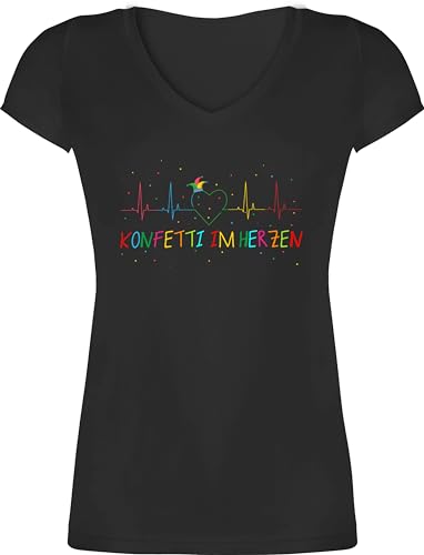 T-Shirt Damen V Ausschnitt - Karneval & - Konfetti im Herzen Herzschlag Fasching I - XS - Schwarz - Tshirt Confetti faschingsshirt Faschings EKG Shirt t karnevalsshirts Karnevals Herz Tshirts von Shirtracer