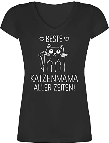 T-Shirt Damen V Ausschnitt - Katzenbesitzer Geschenk Katze - Beste Katzenmama Aller Zeiten weiß - S - Schwarz - Weihnachten Tshirt Katzen Liebhaber mit sprüche Katzen-Shirt katzenfan Mama Shirts von Shirtracer