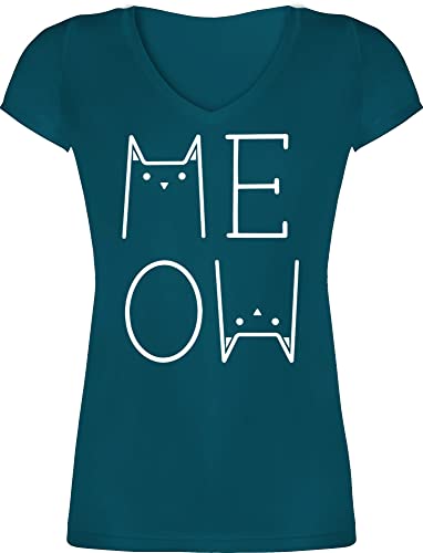 T-Shirt Damen V Ausschnitt - Katzenbesitzer Geschenk Katze - Meow weiß - XXL - Türkis - katzenshirts Katzen t Shirt Katzen-Shirt katzensprüchen Shirts katzenshirt Cats Tshirt sprüche von Shirtracer