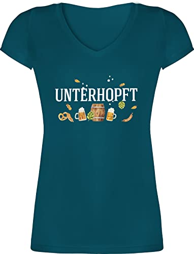 T-Shirt Damen V Ausschnitt - Kompatibel mit Oktoberfest - Chronisch total Unterhopft - Männertagsgeschenk Bier Brauer Mälzer Geschenk - XXL - Türkis - Trachten Shirt bayrische sprüche Oberteil von Shirtracer