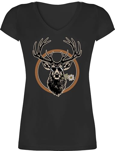 T-Shirt Damen V Ausschnitt - Kompatibel mit Oktoberfest - Cooler Hirsch Hirschgeweih Jäger - XS - Schwarz - trachtenshirt Trachten-Tshirt bayrische hirsche Shirts tailliertes Trachten Tshirt von Shirtracer