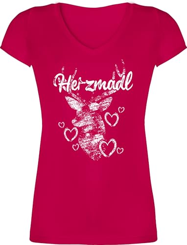 T-Shirt Damen V Ausschnitt - Kompatibel mit Oktoberfest - Herzmadl Hirsch - XS - Fuchsia - trachtenshirt Trachten-Tshirt bayrische geweih Shirts Oktoberfest-t-Shirt tailliertes Trachten Tshirt von Shirtracer