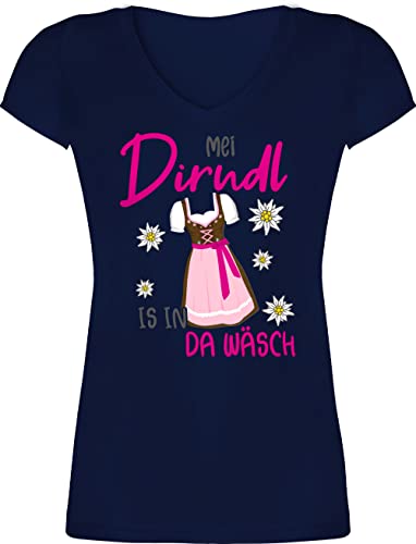 T-Shirt Damen V Ausschnitt - Kompatibel mit Oktoberfest - MEI Dirndl is in da Wäsch - 3XL - Dunkelblau - Frauen Tshirt Trachten t Shirt bayrische sprüche ma tischert Trachtenmode Spruch bayrischer von Shirtracer