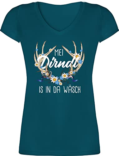 T-Shirt Damen V Ausschnitt - Kompatibel mit Oktoberfest - MEI Dirndl is in da Wäsch Hirschgeweih - 3XL - Türkis - bayrische Tshirts Frauen t-Shirts bayrischer Abend Outfit Kurzarm Shirt von Shirtracer