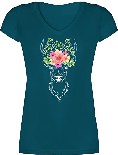 T-Shirt Damen V Ausschnitt - Kompatibel mit Oktoberfest - Hirsch Blumengeweih Hirschgeweih Geweih - XL - Türkis - t Shirt Dirndl Tshirt Trachten v-Ausschnitt Tracht tailliert Trachten-t-Shirt von Shirtracer