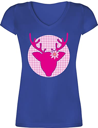 T-Shirt Damen V Ausschnitt - Kompatibel mit Oktoberfest - Hirsch Edelweiß - XS - Blau - Trachten Tshirt Volksfest Edelweiss Shirts trachtenshirt trachtenoberteile Frauen bayrisches hirschmotiv von Shirtracer