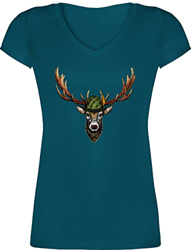 T-Shirt Damen V Ausschnitt - Kompatibel mit Oktoberfest - Jagdhirsch Hirsch Jäger Jägerin Geschenk - S - Türkis - Trachten t Shirts October fest Tshirt Frau Shirt Oktoberfest-t-Shirt Oktoberfest- von Shirtracer