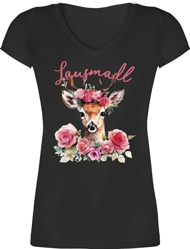 T-Shirt Damen V Ausschnitt - Kompatibel mit Oktoberfest - Lausmadl REH Geweih - Lausemädchen Freches Mädchen Lausmädchen Lousy Girl - XS - Schwarz - trachtenshirt bayrische Tshirt Trachten-Tshirt von Shirtracer