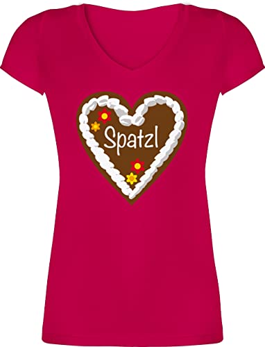 T-Shirt Damen V Ausschnitt - Kompatibel mit Oktoberfest - Lebkuchenherz Spatzl - S - Fuchsia - Trachten Tshirt Volksfest Shirts trachtenshirts für trachtenoberteile Frauen bayrisches t-Shirts von Shirtracer