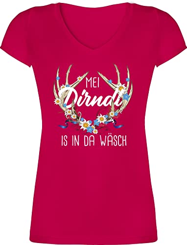 T-Shirt Damen V Ausschnitt - Kompatibel mit Oktoberfest - MEI Dirndl is in da Wäsch Hirschgeweih - M - Fuchsia - Shirt Tracht der wäsche Oktoberfest-t-Shirt oktoberfestkleidung ist Tshirt Frau von Shirtracer