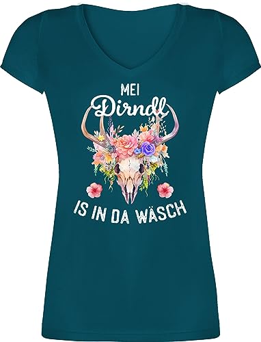 T-Shirt Damen V Ausschnitt - Kompatibel mit Oktoberfest - MEI Dirndl is in da Wäsch - M - Türkis - Trachten Tshirt Frauen Shirt bayrisches Outfit v-Ausschnitt bayrische t-Shirts Frau t Kurzarm von Shirtracer