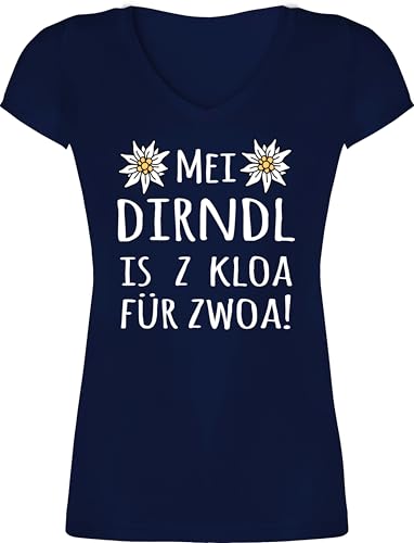 T-Shirt Damen V Ausschnitt - Kompatibel mit Oktoberfest - MEI Dirndl is z kloa für zwoa! weiß - L - Dunkelblau - Tracht Umstandsmode trachtenshirt bayrische Mein Tshirt Trachten t Shirt von Shirtracer