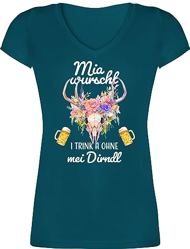 T-Shirt Damen V Ausschnitt - Kompatibel mit Oktoberfest - Mia wurscht i Trink a ohne MEI Dirndl - M - Türkis - Trachten Tshirt Frauen Shirt bayrischer Abend Tracht Outfit bayrische Shirts von Shirtracer