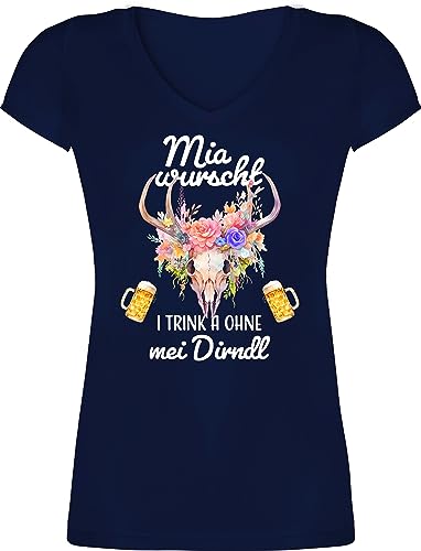 T-Shirt Damen V Ausschnitt - Kompatibel mit Oktoberfest - Mia wurscht i Trink a ohne MEI Dirndl - XXL - Dunkelblau - t Shirt Tracht Outfit Bavarian t-Shirts oktoberfestbekleidung Bayern v-Ausschnitt von Shirtracer