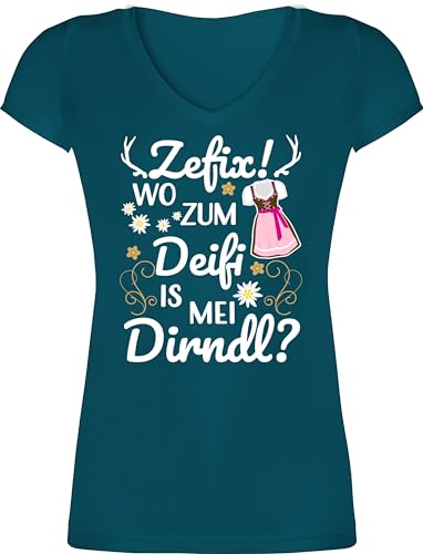 T-Shirt Damen V Ausschnitt - Kompatibel mit Oktoberfest - Wo zum Deifi is MEI Dirndl - 3XL - Türkis - Shirt Bayern Tracht Tshirt t bayrische Shirts Kurzarm Trachten-Tshirt tailliert von Shirtracer