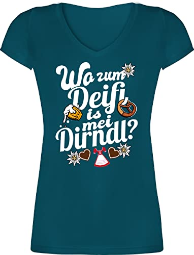 T-Shirt Damen V Ausschnitt - Kompatibel mit Oktoberfest - Wo zum Deifi is MEI Dirndl - Bier und Brezel - weiß - M - Türkis - Tshirt Trachten Trachten-t-Shirt bayerisch t Shirts Tracht Oberteil von Shirtracer