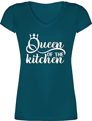 T-Shirt Damen V Ausschnitt - Küche - Queen of The Kitchen - weiß - M - Türkis - Tshirt koch Kochen t Shirt küchen t-Shirts von Shirtracer