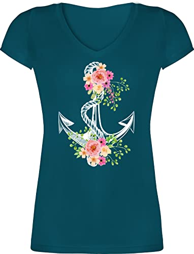 T-Shirt Damen V Ausschnitt - Kunst - Blumiger Anker - Weiß - S - Türkis - Tshirt mit maritimen Motiven Art maritim Shirt Maritime Shirts Blume v-Ausschnitt Blumen Tshirts t-Shirts Frauen t von Shirtracer