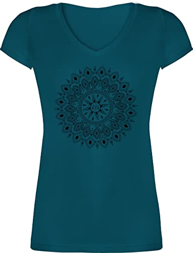 T-Shirt Damen V Ausschnitt - Kunst - Boho Mandala Yoga Sketch - XL - Türkis - Shirt Baumwolle Bekleidung yogashirts Joga Geschenk Baumwoll Tshirt mit Kleidung Wellness Coole-Fun-t-Shirts von Shirtracer