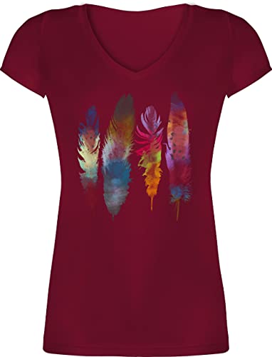 T-Shirt Damen V Ausschnitt - Kunst - Federn Wasserfarbe Watercolor Feathers - XL - Bordeauxrot - Frauen Tshirt Shirt Baumwolle Shirts t t-Shirts Oberteil mit Frau Tshirts tailliert Baumwoll von Shirtracer