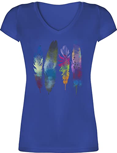 T-Shirt Damen V Ausschnitt - Kunst - Federn Wasserfarbe Watercolor Feathers - XXL - Blau - Feder Frauen Tshirt Wasserfarben Shirt Shirts t-Shirts Oberteil Tshirts Baumwolle mit t Frau tailliert von Shirtracer