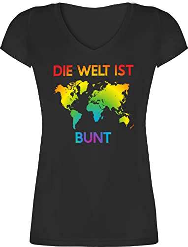 T-Shirt Damen V Ausschnitt - LGBTQ Kleidung Pride Flag - Die Welt ist bunt – Regenbogen Farben - M - Schwarz - Gay Shirt CSD Shirts Frauen LGBT Tshirt Oberteil t Tshirts Neck Lesbian Bunte von Shirtracer