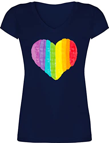 T-Shirt Damen V Ausschnitt - LGBTQ Kleidung Pride Flag - Regenbogen Herz - M - Dunkelblau - Gay lgbtqia v-Ausschnitt Shirt CSD Tshirt Lesbian Shirts lqbtq Oberteil LGBT tailliert t Neck von Shirtracer