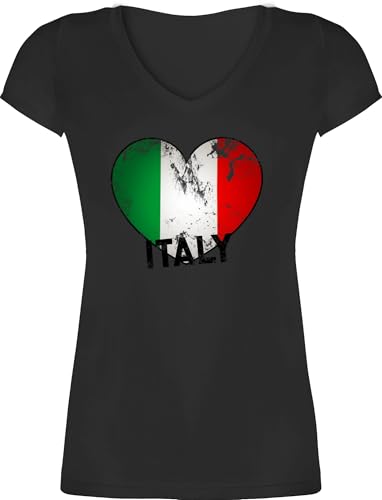 T-Shirt Damen V Ausschnitt - Länder Fahnen und Flaggen - Italien Herz Vintage - XXL - Schwarz - t- Shirt mit Italienischer Fahne für Frauen Country Italy Tshirt triko Oberteil Italia Fanshirt von Shirtracer
