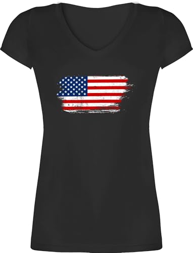 T-Shirt Damen V Ausschnitt - Länder Fahnen und Flaggen - USA Vintage - XS - Schwarz - Country Amerika Tshirt American Shirt amerikanisch Kurzarm amerikanische Tshirts amerikanischer t-Shirts von Shirtracer