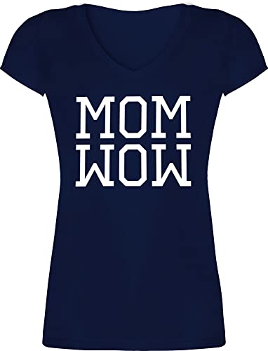 T-Shirt Damen V Ausschnitt - Mama - Mom Wow Weiss - M - Dunkelblau - für Mutter personalisiert muttertagsgeschenk t Shirt Geschenke zum Muttertag Tshirt mamatags Geschenk Mother s Day von Shirtracer