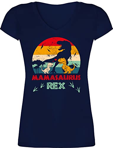 T-Shirt Damen V Ausschnitt - Mama Saurus Rex - Mamasaurus - L - Dunkelblau - muttertagsgeschenk Mum Shirt Tshirt Mutter mütter t Mutter-t-Shirt Muttertag Frauen frische muttertagsgeschenke für mom von Shirtracer