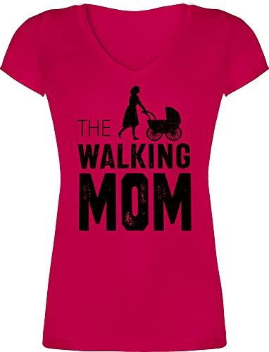 T-Shirt Damen V Ausschnitt - Mama - The Walking Mom - Mütter Kinderwagen Geschenk Geburt Lustig - L - Fuchsia - Mutter Mum Tshirt Mami 2024 Mutti muttertagsgeschenk muttertags Tag Geschenke von Shirtracer