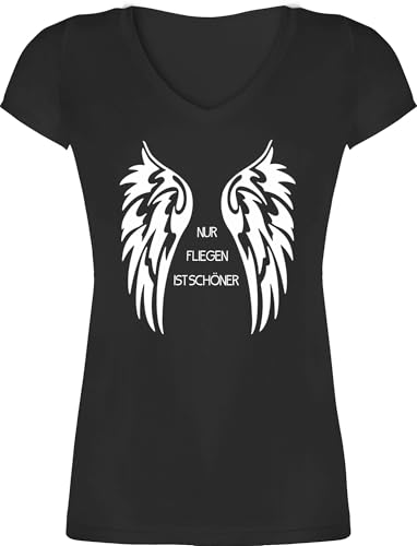 T-Shirt Damen V Ausschnitt - Motorrad Biker - Nur fliegen ist schöner Flügel - XS - Schwarz - Tshirt sprüche pferdeshirt Pferde Radfahrer Shirt Motiv Frauen reiten Shirts Pferd t-Shirts Reiter von Shirtracer