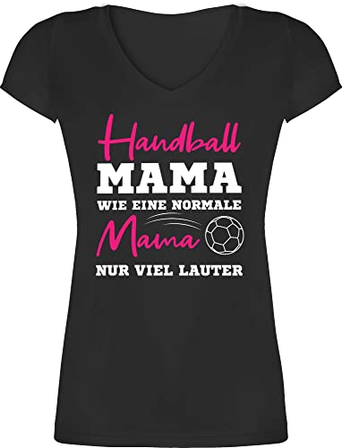 T-Shirt Damen V Ausschnitt - Handball Mama wie eine Normale Mama nur viel lauter weiß - 3XL - Schwarz - Muttertag Shirt Mutter mütter Geschenke Mommy mom 2024 zum Geschenk für schöne Fuer von Shirtracer