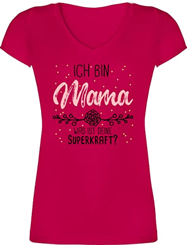 T-Shirt Damen V Ausschnitt - Ich Bin Mama was ist Deine Superkraft - Geschenk für Mama - M - Fuchsia - Fuer Mutter Muttertag sprüche Tshirt muttertagsgeschenk Mamas t Shirts muttertags superheldin von Shirtracer