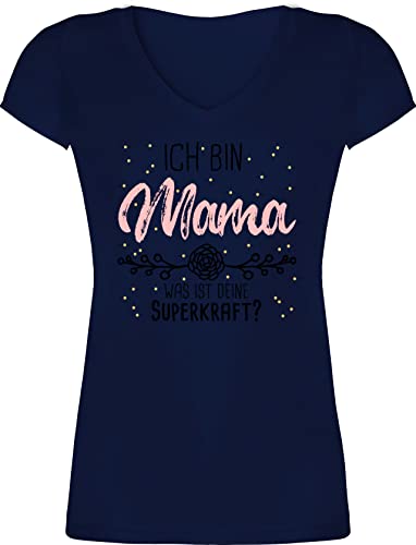 T-Shirt Damen V Ausschnitt - Ich Bin Mama was ist Deine Superkraft - Geschenk für Mama - XXL - Dunkelblau - Mutter t Shirts zum Muttertag Mommy Tshirt Frau mütter Geschenke Titel Tshirts Mutti von Shirtracer