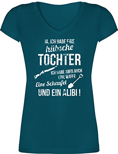 T-Shirt Damen V Ausschnitt - Mama - Ich Habe eine hübsche Tochter - L - Türkis - Papa töchter t Shirt Outfit mütter Geschenke Mama- Oberteil Mommy ja tischert Mum schöne Tshirt von Shirtracer