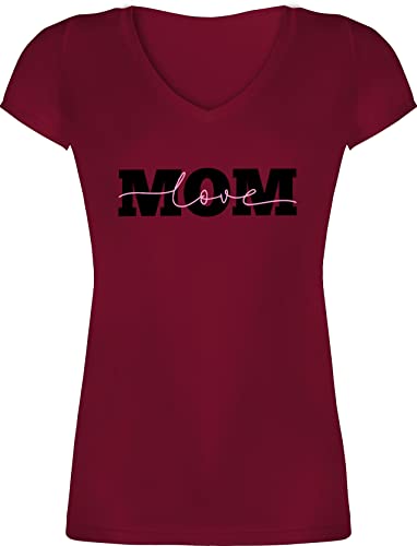 T-Shirt Damen V Ausschnitt - Mama - Mom Love schwarz/rosa - S - Bordeauxrot - muttertags Tshirt Mum Geschenk Fuer Mutter muttertagsgeschenke Mutti Mami 2024 mütter Geschenke zum Muttertag Mommy von Shirtracer