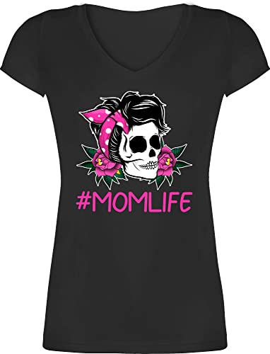 T-Shirt Damen V Ausschnitt - Mama - Momlife Rockabilly Totenkopf - S - Schwarz - Shirts mütter Shirt Mami Tshirt zum Muttertag t Mutter Neck mom t-Shirts muttertagsgeschenke muttertags Mum Mutti von Shirtracer