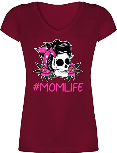 T-Shirt Damen V Ausschnitt - Mama - Momlife Rockabilly Totenkopf - XL - Bordeauxrot - Muttertag Shirt Fuer Mutter t muttertagsgeschenke Tshirt Geschenk Shirts für Geschenke 2024 schöne zum Tag von Shirtracer