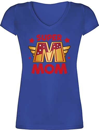 T-Shirt Damen V Ausschnitt - Super Mom I Supermom Heldin Mama - XS - Blau - Oberteil muttertagsgeschenk Mutter Tshirt Frau Mutti t-Shirts Mami Shirts muttertags Shirt Mommy Frauen mütter Geschenke von Shirtracer