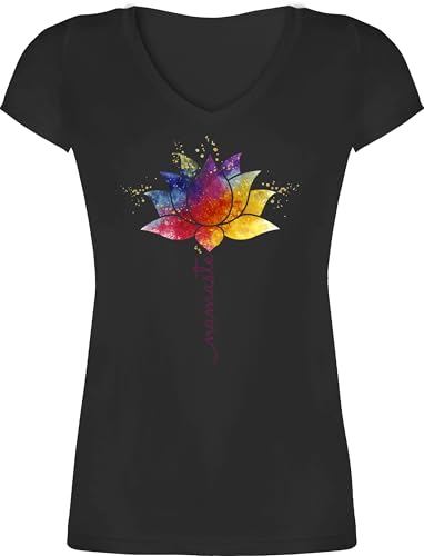 T-Shirt Damen V Ausschnitt - Namaste Lotusblüte Yoga Mandala Spirit Wellness Meditation - XS - Schwarz - Shirt Yoga-Shirt Joga Lotusblume t-Shirts Shirts v-Ausschnitt Geschenke Tshirt Fans t für von Shirtracer