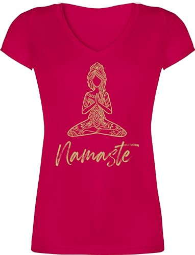 T-Shirt Damen V Ausschnitt - Namaste Motiv Yoga Geschenk I Meditation I Mandala - XS - Fuchsia - Yoga+t-Shirt+Damen+Namaste Yoga-Shirt Joga Figur Shirt Shirts v-Ausschnitt Geschenke Tshirt t-Shirts von Shirtracer