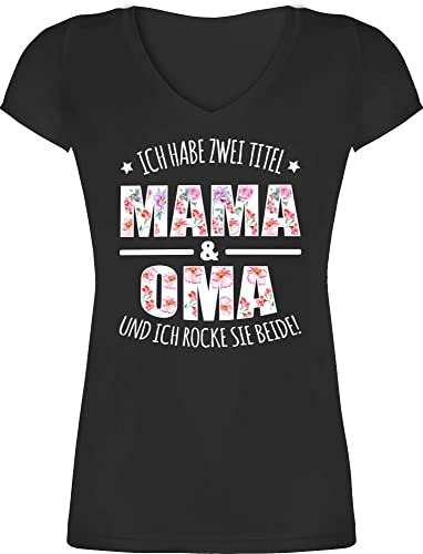 T-Shirt Damen V Ausschnitt - Geschenk - Habe Zwei Titel: Mama & Oma - M - Schwarz - Geschenke Muttertag für muttertagsgeschenk Omas zum großmutter frischgebackene Grossmutter ich Titel und von Shirtracer
