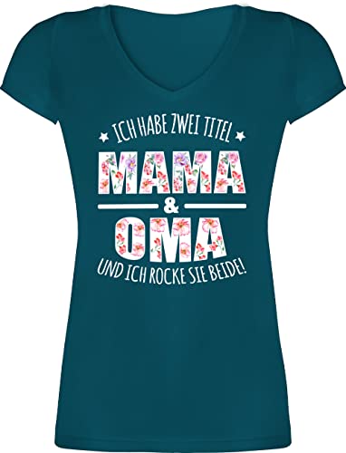 T-Shirt Damen V Ausschnitt - Geschenk - Habe Zwei Titel: Mama & Oma - XXL - Türkis - Werden Tshirt für omi werdende Omas Shirt Geschenke Muttertag frische Grandma mom t-Shirts muttertagsgeschenke von Shirtracer
